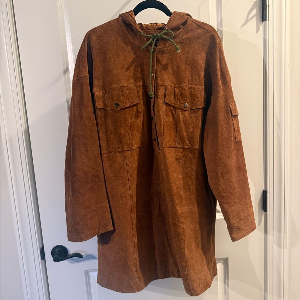 3.	Vintage 90s Y2K Brown Suede Leather Hoodie Coat XL Fully Lined Boho